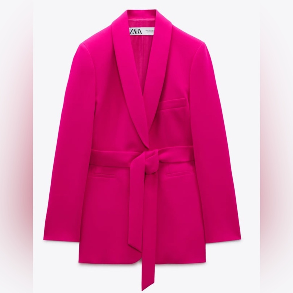 Zara, Women’s Belted Tuxedo Collar Blazer, Neon Fuchsia, size M